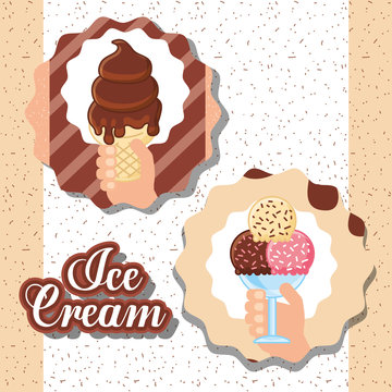 ices scream labels hands holding cup many different flavors chocolate melted vector illustration