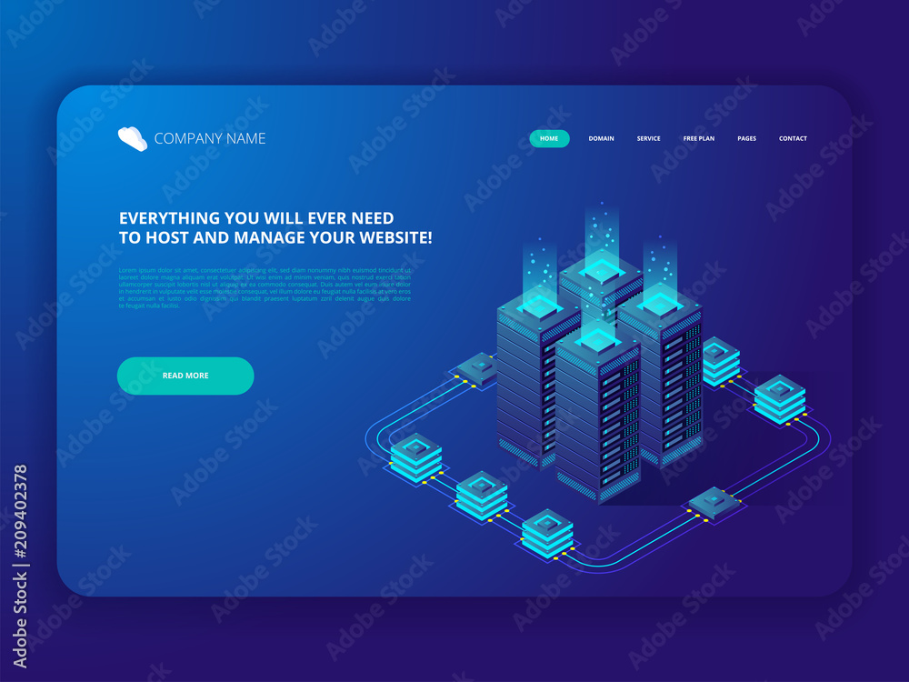 Poster data center cloud computer connection hosting server database.