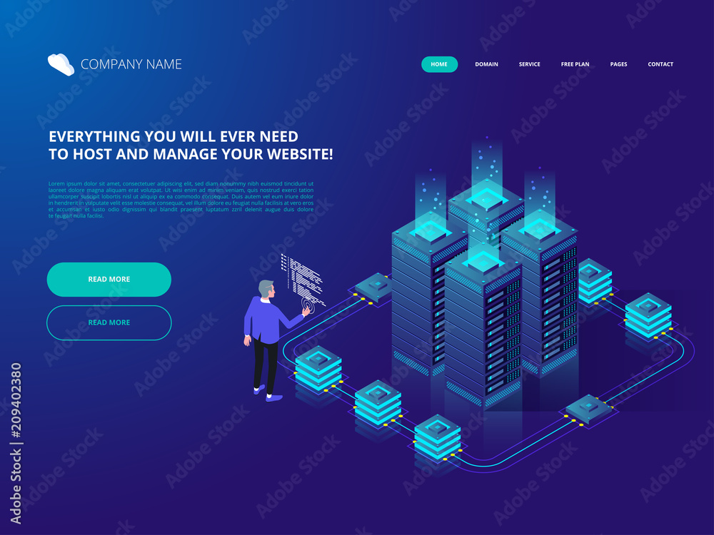Poster data center cloud computer connection hosting server database.