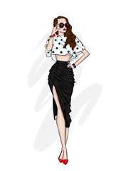 A beautiful, tall girl with long legs in a stylish skirt, glasses, blouse and in high heeled shoes. Fashionable look. Clothes and accessories. Vector illustration.