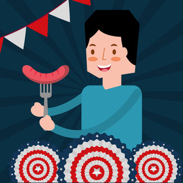 man with sausage in fork american independence day vector illustration