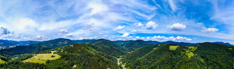 Wide aerial high resolution panoramic view of Vosges mountains, Alsace