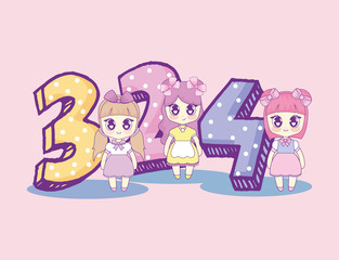 kawaii girls with number birthday card vector illustration design