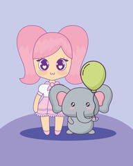 kawaii girl with cute animal vector illustration design