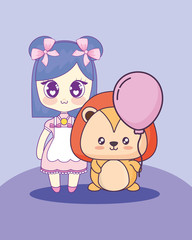 kawaii girl with cute animal vector illustration design