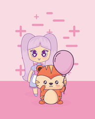kawaii girl with cute animal vector illustration design