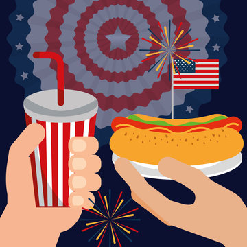 food american independence day usa flag pennant background fireworks celebration hands holding soda hotdog vector illustration