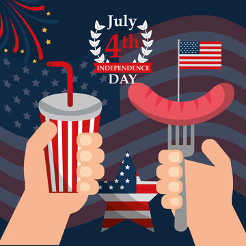 food american independence day july celebrate hands holding soda fork sausage vector illustration