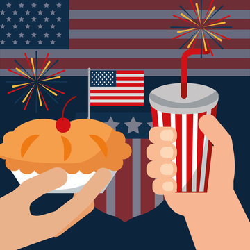 food american independence day usa flag background hands holding traditional cherry pie soda vector illustration