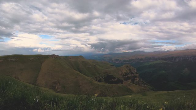 The movement of clouds over the mountain plateaus and valleys in the northern Caucasus. 4K. Photographed on GoPro 6