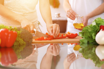 Closeup of human hands cooking in kitchen. Mother and daughter or two female friends cutting vegetables for fresh salad. Healthy meal, vegetarian food and lifestyle concepts