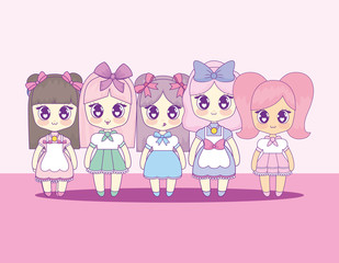 group of cute kawaii girls characters vector illustration design