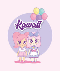 group of cute kawaii girls characters vector illustration design