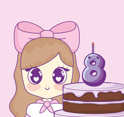 cute kawaii girl with cake birthday card vector illustration design