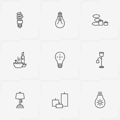 Light line icon set with light bulb, floor lamp and candles
