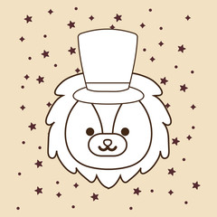 cute lion with top hat over stars around and yellow background, colorful line design. vector illustration