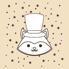 cute fox with top hat over yellow background, colorful line design. vector illustration