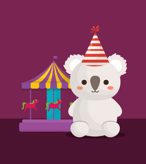 cute koala and carousel icon over purple background, colorful design. vector illustration