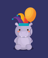 carnival circus design with hippopotamus with jester hat over purple background, colorful design. vector illustration