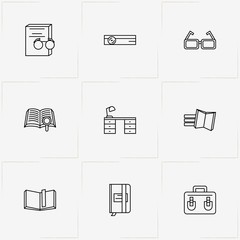 Library line icon set with note book, book and library desk