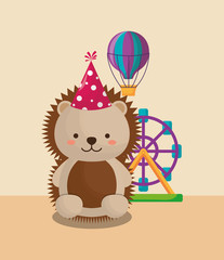 cute porcupine with circus canrival related icons over brown background, colorful design. vector illustration