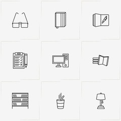 Library line icon set with bookshelves, plant in pot and notice book