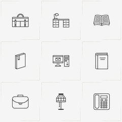 Library line icon set with lamp , case and library desk