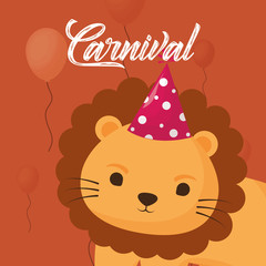 carnival design with cute lion with party hat over orange background, colorful design. vector illustration