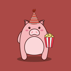 cute pig with party hat and pop corn over brown background, colorful design. vector illustration