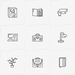 Library line icon set with table lamp , book and case