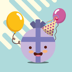 kawaii round gift present ribbon balloons happy birthday card vector illustration