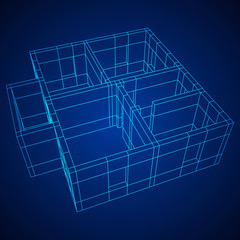 Abstract architecture building. Plan of modern house. Wireframe low poly mesh construction.