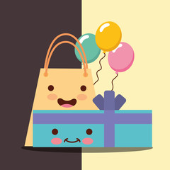 kawaii gift box and shopping bag cartoon balloons celebration happy birthday card vector illustration