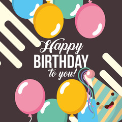 kawaii hat party with balloons decoration happy birthday card vector illustration