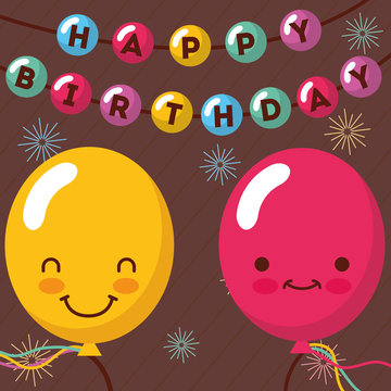 smiling kawaii balloons lettering celebration happy birthday card vector illustration