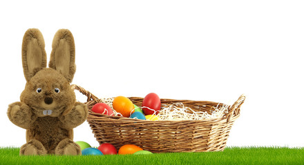 happy easter bunny 3d rendering at green grass with basket and eggs