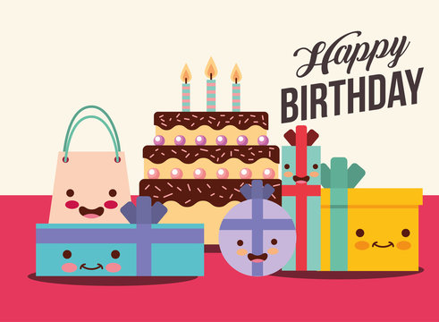 set of kawaii gift boxes and cake cartoon happy birthday card vector illustration