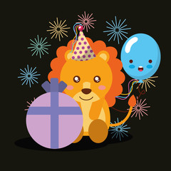 gift box kawaii balloon cute lion with party hat happy birthday vector illustration
