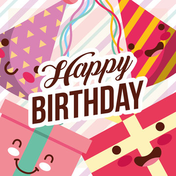 kawaii gift boxes and party hats cartoon happy birthday card vector illustration