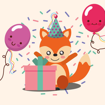gift box kawaii balloons cute fox party hat confetti happy birthday vector illustration