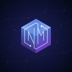 Initial letter NM, block chain, looping mono line circuit letter on hexagon cube logo, blue magenta gradient color on black blue network background