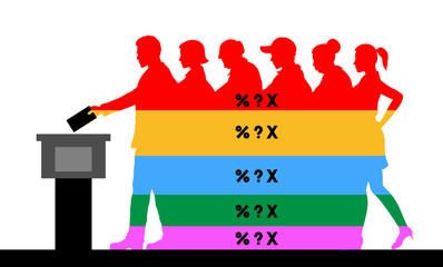 voters crowd silhouette with election results of political parties percentages
