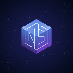 Initial letter NS, block chain, looping mono line circuit letter on hexagon cube logo, blue magenta gradient color on black blue network background