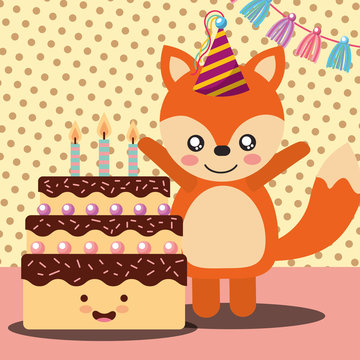 little fox and cake cartoon celebration happy birthday vector illustration
