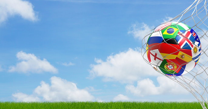 Russian Germany and more soccer ball green grass blue sky 3d rendering