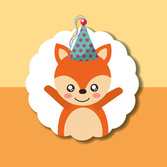 cute fox party hat decoration label happy birthday vector illustration