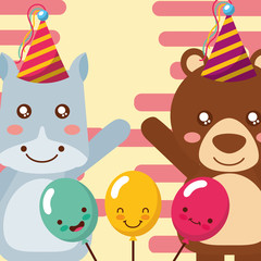 cute hippo and bear animals funny celebration balloons happy birthday vector illustration