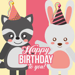 cute raccoon and rabbit animals funny celebration happy birthday vector illustration