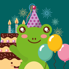 cute frog and sweet cake candles balloons decoration happy birthday vector illustration