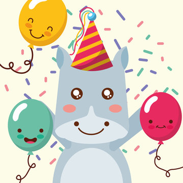 cute hippo cartoon balloons confetti decoration happy birthday vector illustration